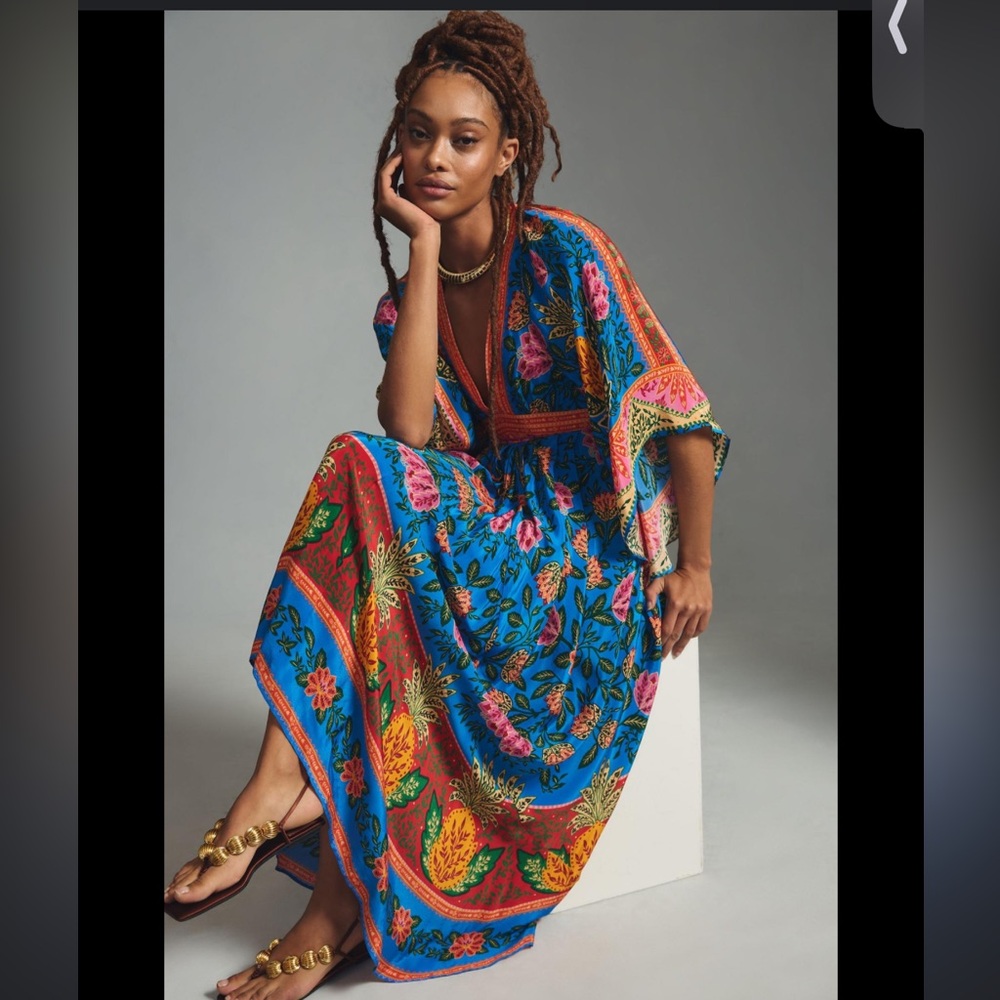 Anthropologie Bright Blue Floral Paisley Maxi Dress with Red Accents